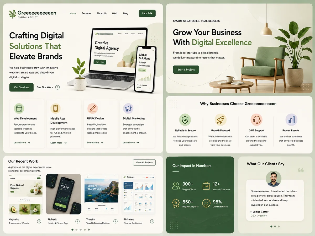 Digital agency website design in a green palette