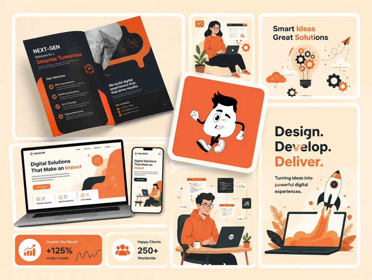 Brand identity design collage showing logo systems, brochures, mascot illustration and marketing collateral