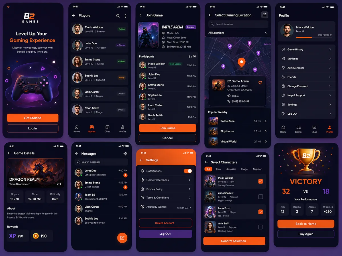 Mobile gaming app UI screens
