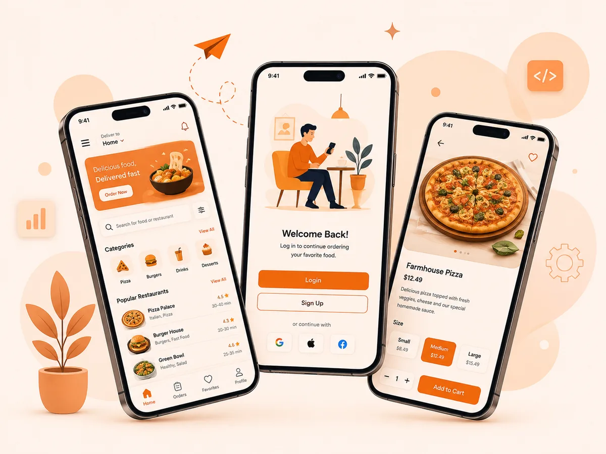 Mobile app interface design mockup showing a food delivery app home, login and product detail screens