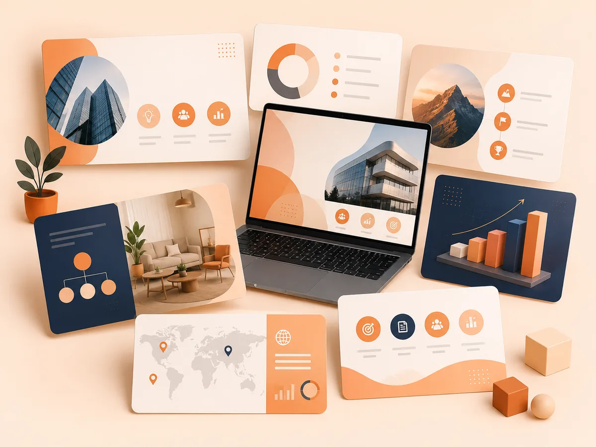 Presentation and pitch deck design collage showing slide layouts, charts and a desk mockup