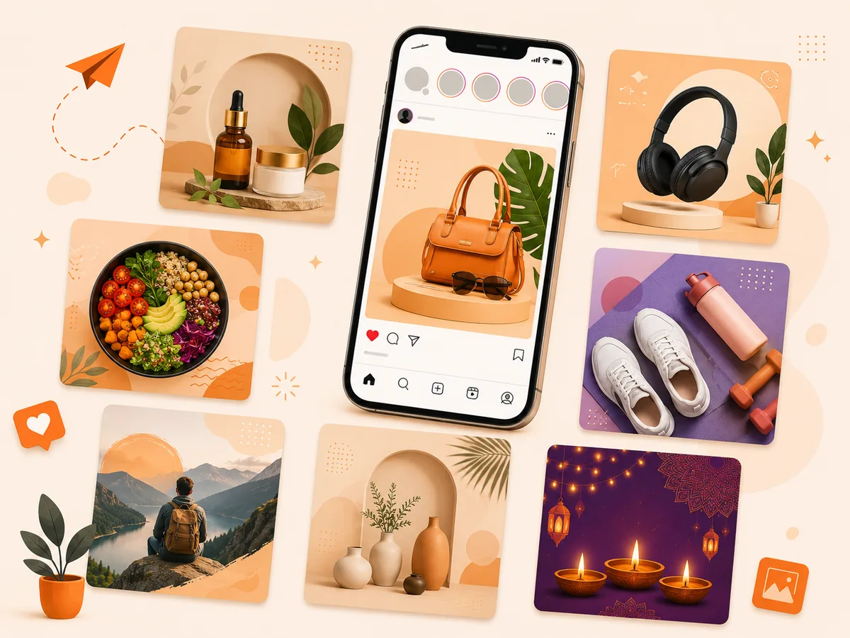 Social media creative collage showing an Instagram product post and a grid of on-brand campaign tiles