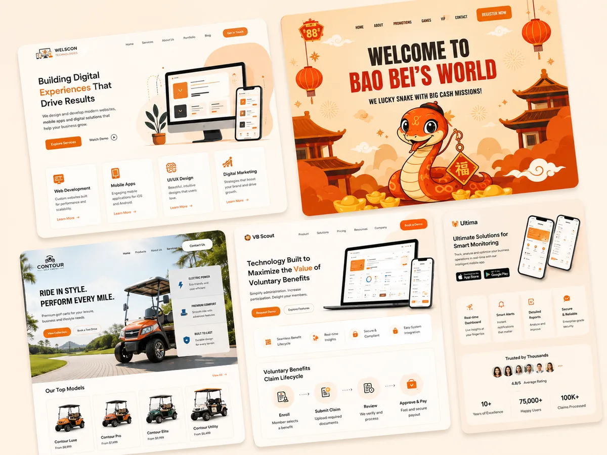 Collage of responsive marketing website and landing page design mockups across five client sites